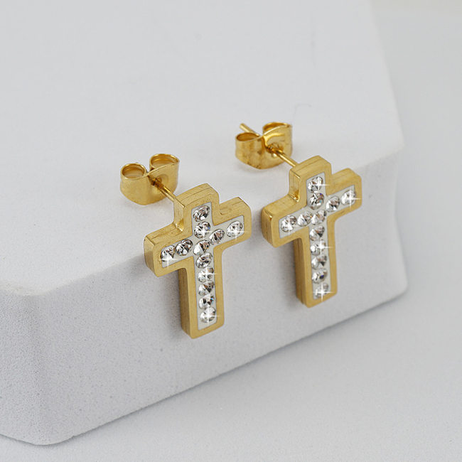 Pendientes de acero inoxidable con forma de cruz de estilo simple Pendientes de acero inoxidable con diamantes de imitación