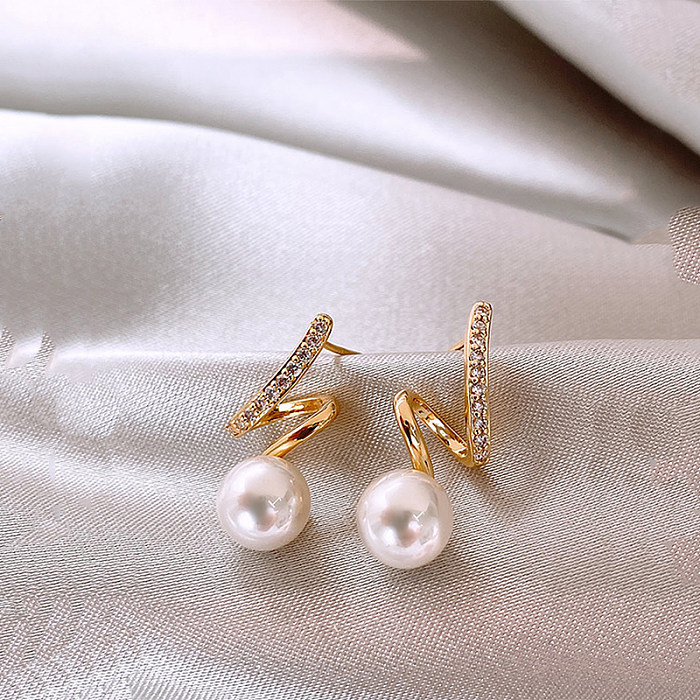 1 Pair Simple Style Solid Color Stainless Steel  Artificial Pearl Inlay Zircon Earrings
