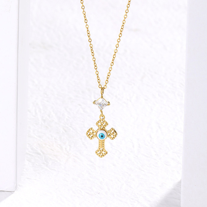 Casual Hip-Hop Cross Eye Stainless Steel  Plating Inlay Zircon 14K Gold Plated Pendant Necklace