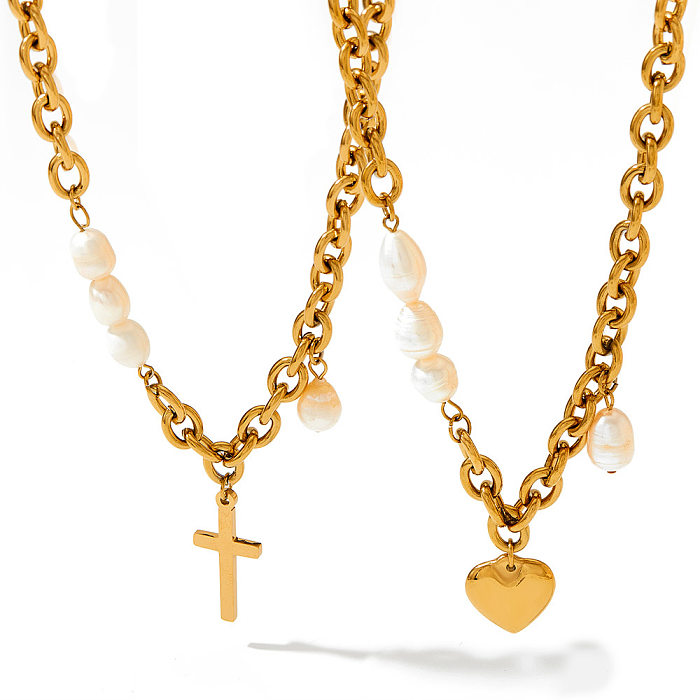 Collier de Perles en Acier Inoxydable Forme Coeur Croix Style Baroque 1 Pièce