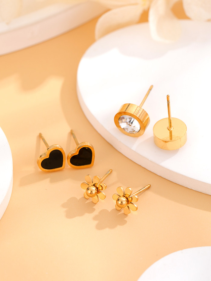 1 Set Simple Style Round Heart Shape Flower Plating Inlay Stainless Steel Shell Zircon 18K Gold Plated Ear Studs