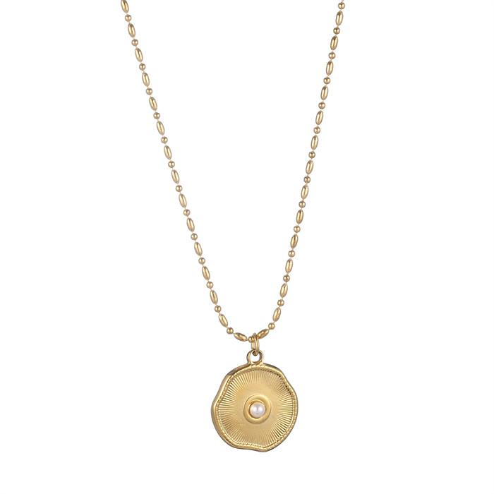 Simple Style Round Stainless Steel  Plating Inlay Pearl 18K Gold Plated Pendant Necklace