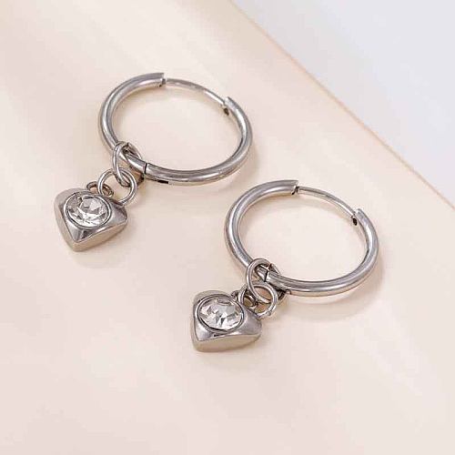 1 Pair Elegant Heart Shape Inlay Stainless Steel  Zircon Drop Earrings