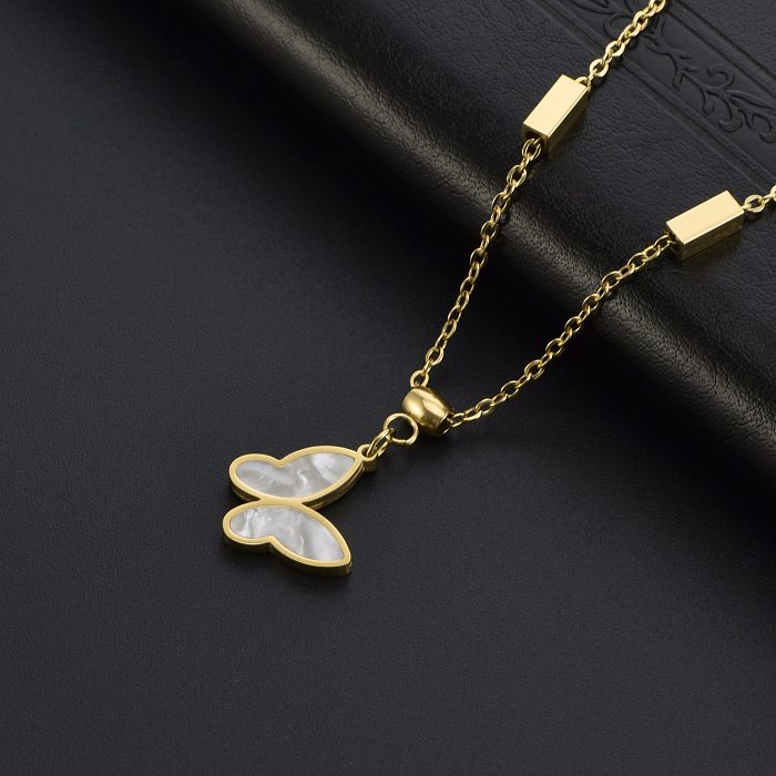 Elegant Butterfly Stainless Steel Inlay Shell 18K Gold Plated Pendant Necklace