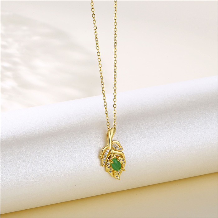 Wholesale Artistic Leaves Heart Shape Cat Stainless Steel  Stainless Steel 18K Gold Plated Gold Plated Zircon Pendant Necklace