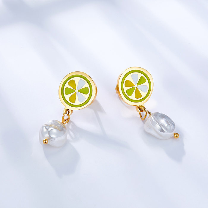 1 paire de boucles d'oreilles élégantes en acier inoxydable avec incrustation de pampilles de citron et perles artificielles