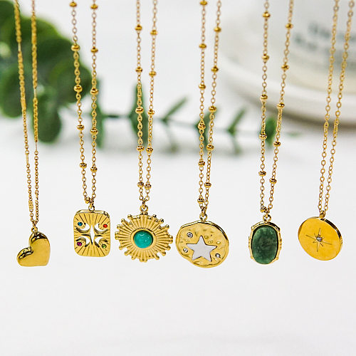 Retro Classic Style Round Star Heart Shape Stainless Steel Inlay Natural Stone Shell Zircon Pendant Necklace