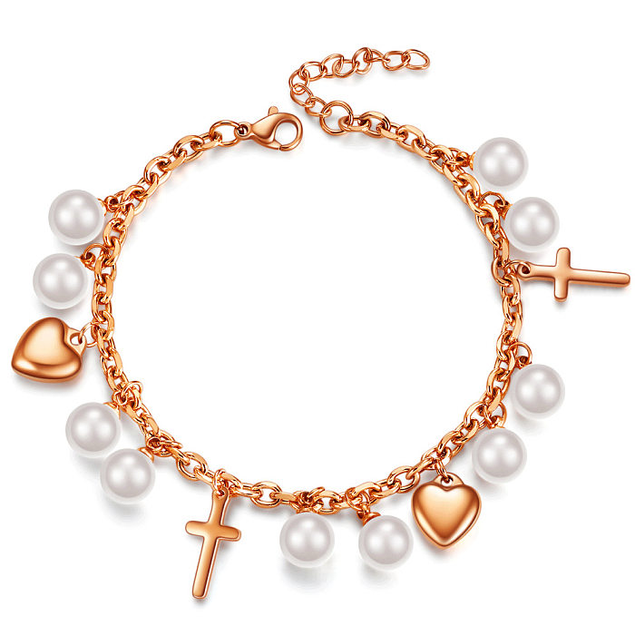 New Titanium Steel Cross Heart Pearl Pendant Bracelet