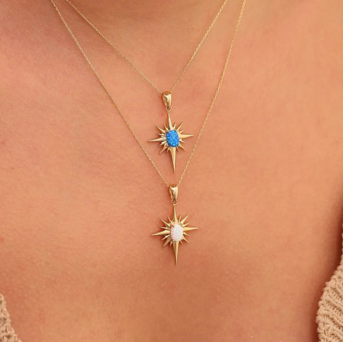 Elegant Vintage Style Star Stainless Steel  Plating Inlay Gem 18K Gold Plated Pendant Necklace