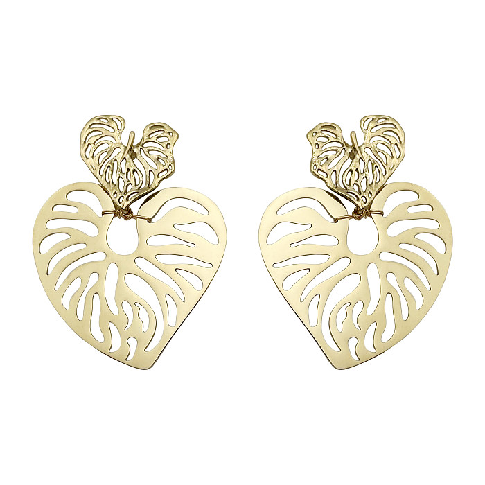 1 Pair Sweet Leaves Heart Shape Stainless Steel  Plating Hollow Out 14K Gold Plated Drop Earrings