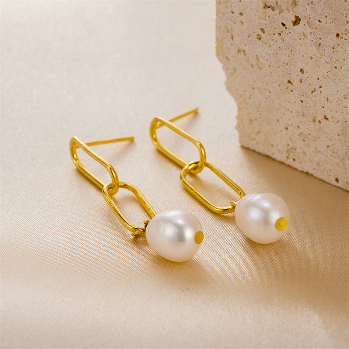 1 Pair Vintage Style Simple Style Oval Pearl Plating Stainless Steel  18K Gold Plated Drop Earrings