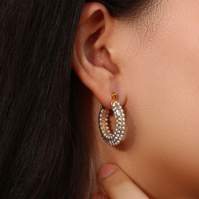 Fashion Geometric Stainless Steel  Inlay Artificial Pearls Zircon Hoop Earrings 1 Pair
