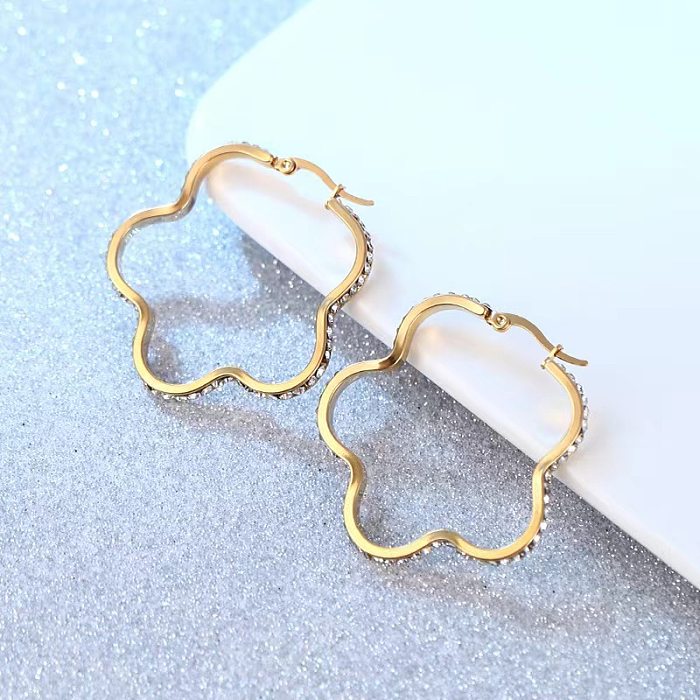 1 Pair Elegant Flower Inlay Stainless Steel Artificial Diamond Hoop Earrings