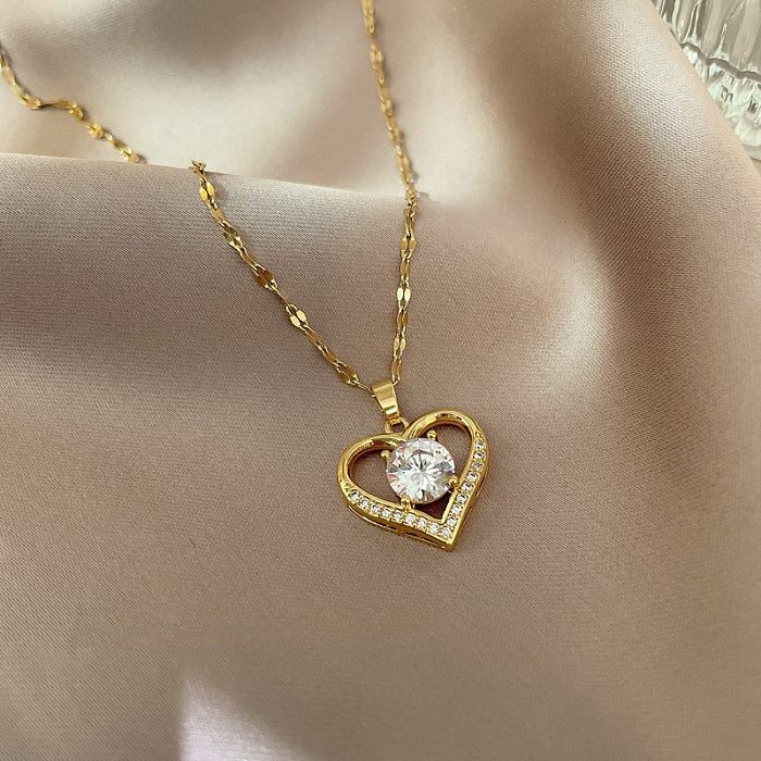 IG estilo doce redondo formato de coração em aço inoxidável chapeamento de cobre incrustado colar com pingente de zircão