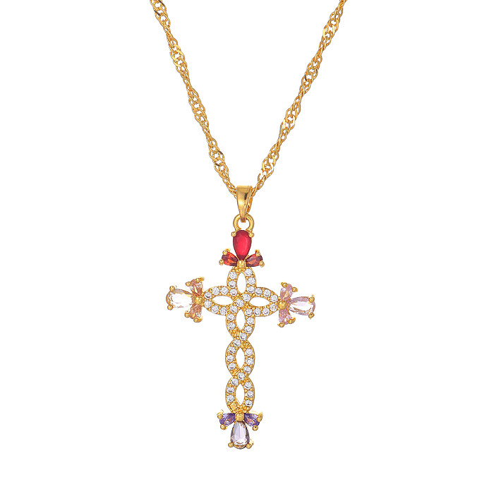 Schlichter Stil Kreuz-Anhänger-Halskette mit Edelstahl-Beschichtung, Intarsien, Zirkon, 18 Karat vergoldet