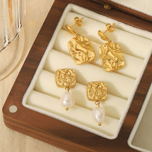1 par de pendientes de gota chapados en oro de 18K con perlas de agua dulce de acero inoxidable pulido cuadrado ropa de calle de estilo Simple