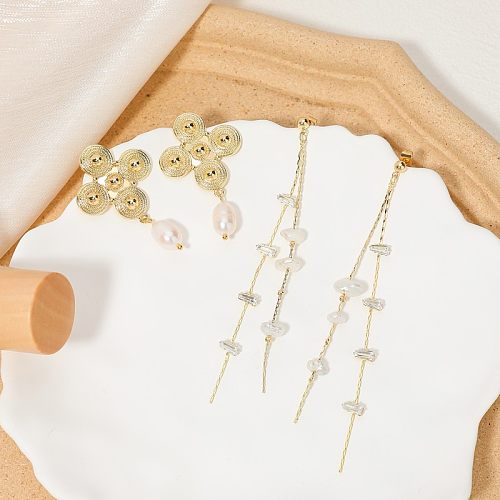 1 Paar Damen-Kreuz-Quasten-Beschichtungs-Inlay aus Edelstahl, Kupfer, künstliche Perlen, vergoldete Tropfen-Ohrringe