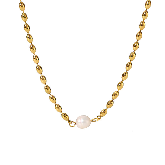 Simple Style Pearl Stainless Steel  Beaded Plating 18K Gold Plated Pendant Necklace