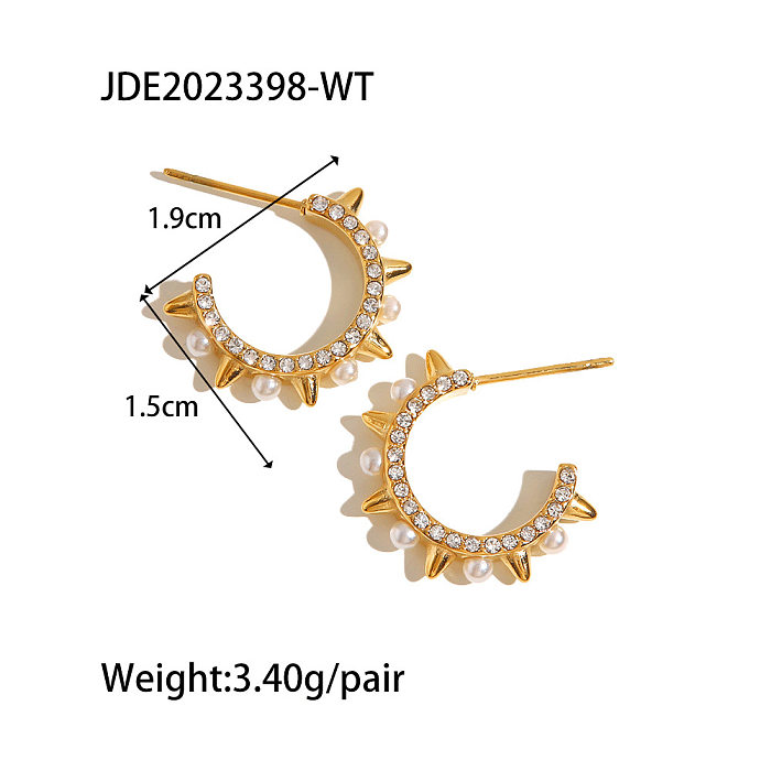 Clous d'oreilles rétro en forme de C, incrustation de perles artificielles en acier inoxydable, strass, 1 paire