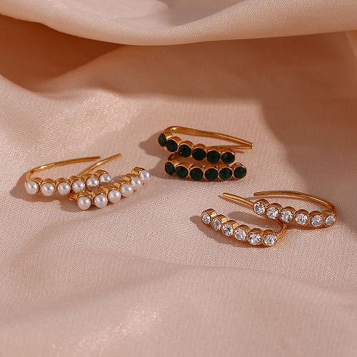 Damen-Ohrstecker im modernen Stil, U-Form, Edelstahl-Beschichtung, künstliche Perlen, Strasssteine, 18 Karat vergoldet