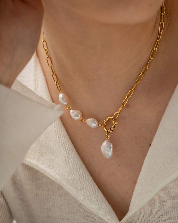 1 Stück modische unregelmäßige Edelstahl-Anhänger-Halskette mit barocken Perlen