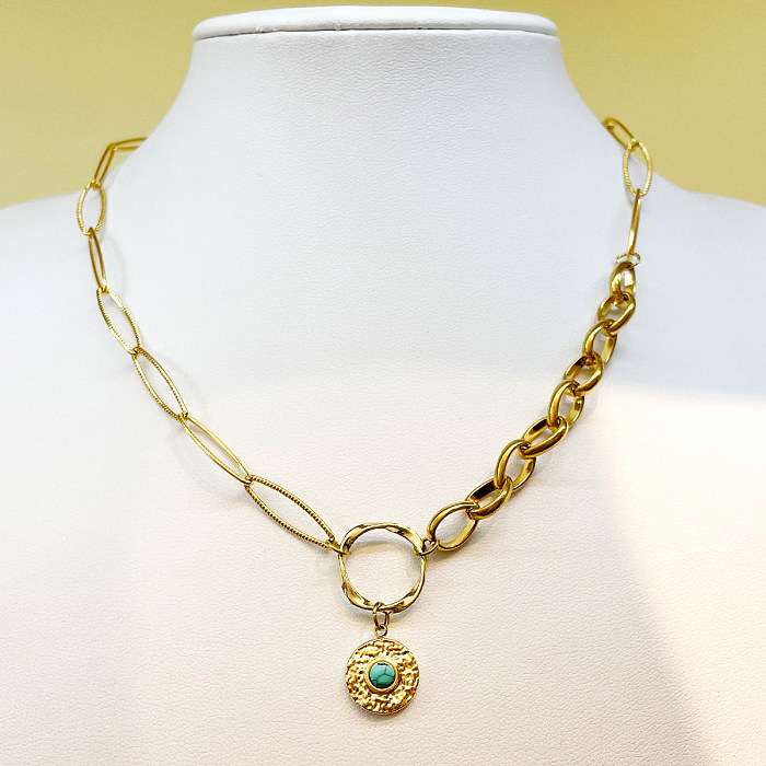 Lässige Halskette mit Anhänger im römischen Stil, rund, Edelstahl-Beschichtung, Türkis, 14 Karat vergoldet, lange Halskette