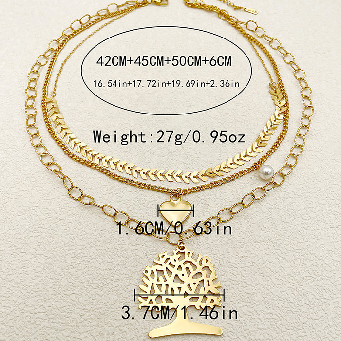 Vintage Style French Style Tree Heart Shape Stainless Steel  Layered Plating Hollow Out Gold Plated Layered Necklaces
