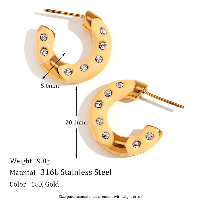 1 Pair Sweet Classic Style C Shape Enamel Plating Inlay Stainless Steel  Rhinestones 18K Gold Plated Ear Studs