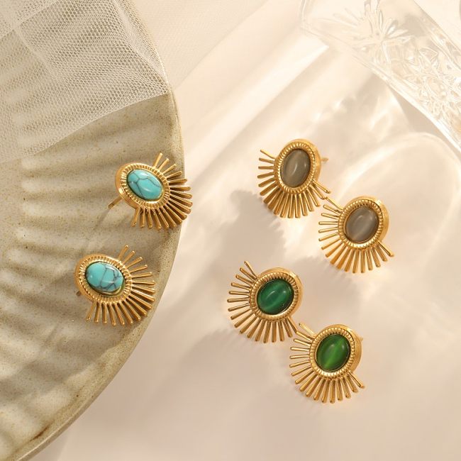 1 par de brincos geométricos estilo vintage, incrustações de aço inoxidável, opala turquesa, banhados a ouro