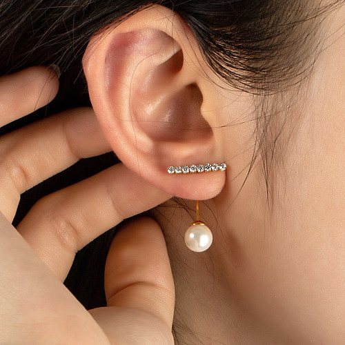 1 paire de clous d'oreilles en acier inoxydable, incrustation ronde décontractée, Imitation de perle, Zircon plaqué or