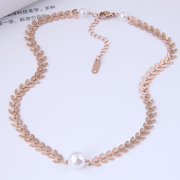 jewelry Jewelry Wholesale Korean Leaf Pearl Stainless Steel Short Necklace
