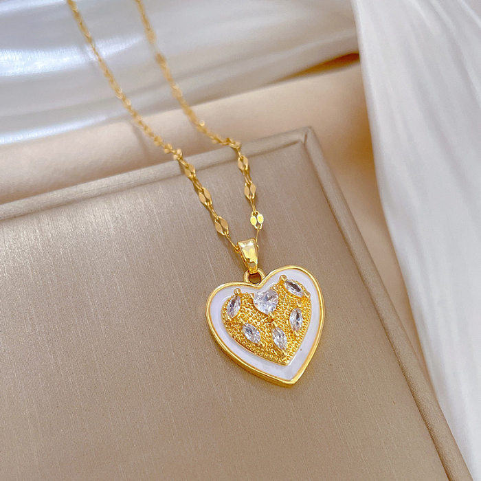 Collier luxueux avec pendentif en forme de cœur, en acier inoxydable, placage de cuivre, incrustation de pierres précieuses artificielles