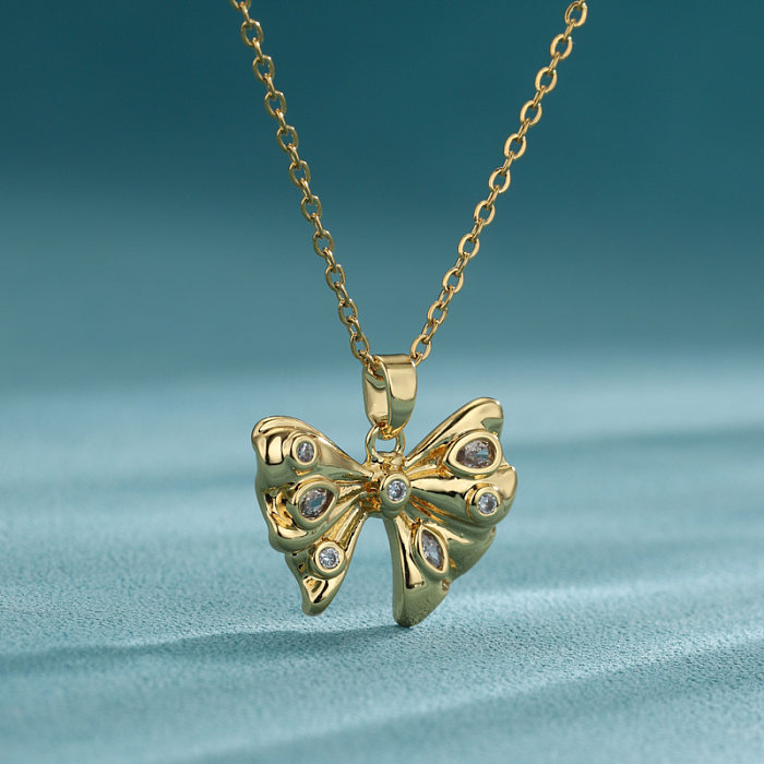Wholesale 1 Piece Artistic Heart Shape Eye Bow Knot Stainless Steel  Stainless Steel 18K Gold Plated Gold Plated Zircon Pendant Necklace