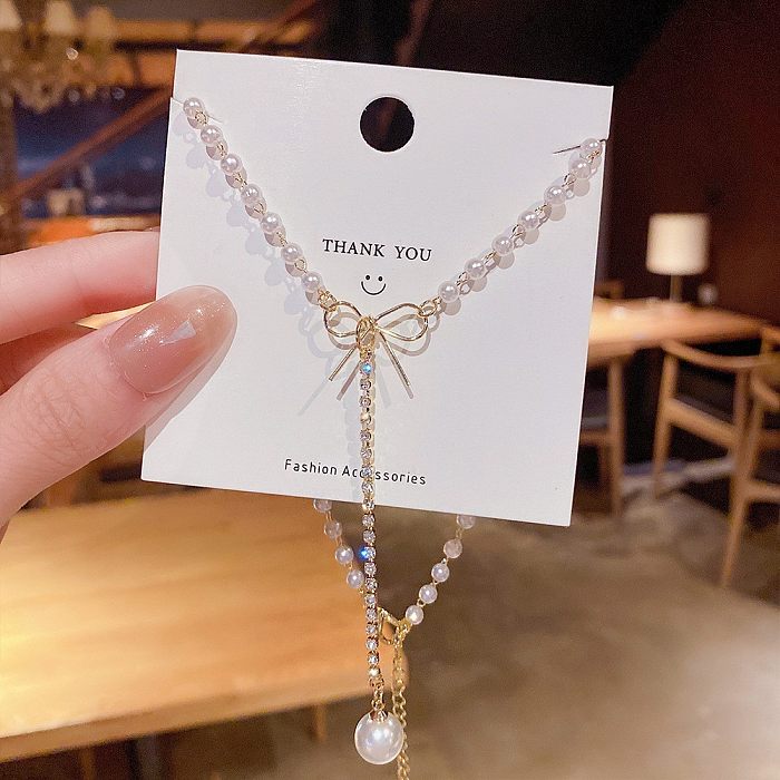 Sweet Heart Shape Bow Knot Fish Tail Stainless Steel Inlaid Gold Artificial Pearls Rhinestones Opal Pendant Necklace 1 Piece