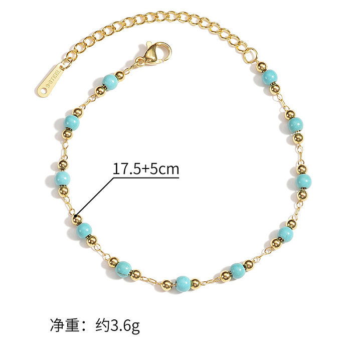 Retro French Style Round Stainless Steel Turquoise Beaded Plating 18K Gold Plated Bracelets