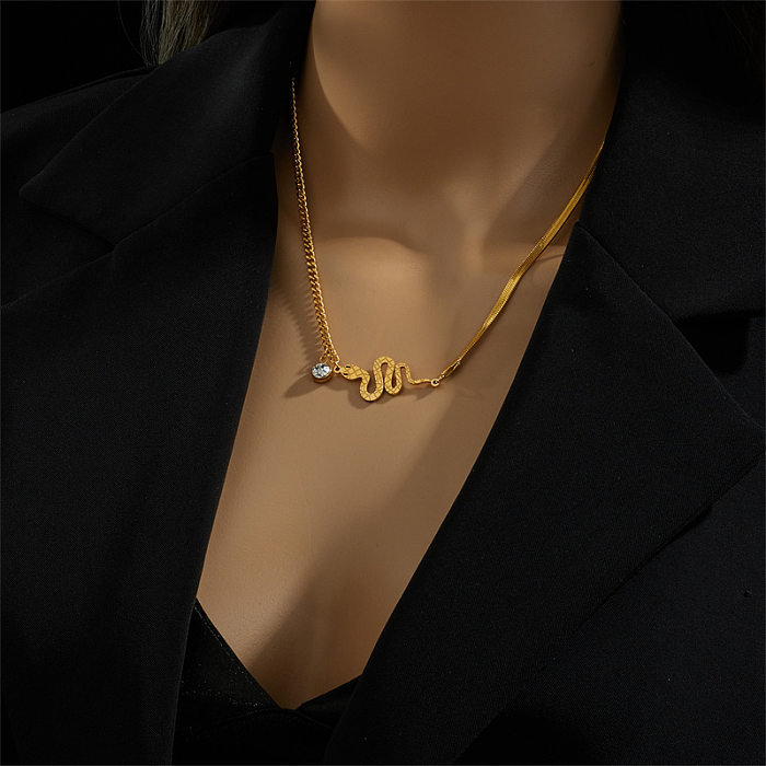 Hip-Hop Snake Stainless Steel Plating Inlay Artificial Rhinestones 18K Gold Plated Pendant Necklace