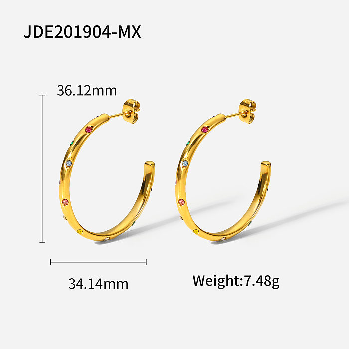 Fashion Retro 18K Gold Stainless Steel  Large C-shaped Colored Zircon Earrings