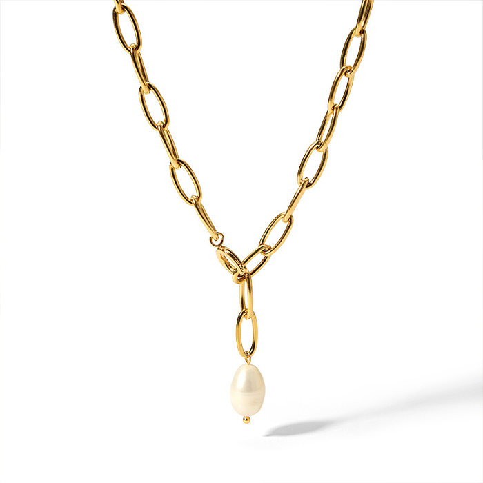 Collier chaîne de pull plaqué or 18 carats, style baroque, couleur unie, acier inoxydable, placage de perles