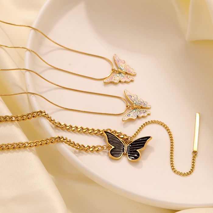 Collier pendentif plaqué or en acier inoxydable avec papillon mignon