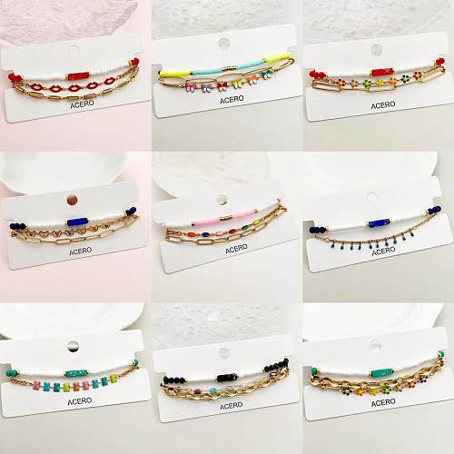 Hawaiian Vacation Handmade Lips Colorful Flower Stainless Steel Natural Stone Soft Clay 14K Gold Plated Bracelets