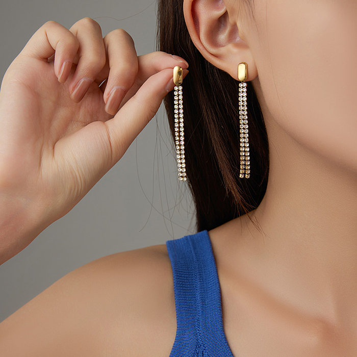 Boucles d'oreilles pendantes plaquées or et Zircon, Style Simple, incrustation de couleur unie, en acier inoxydable