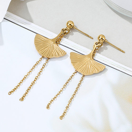 New Stainless Steel  Fan-shaped Tassel Earrings Fashion Golden Leaf Long Earrings