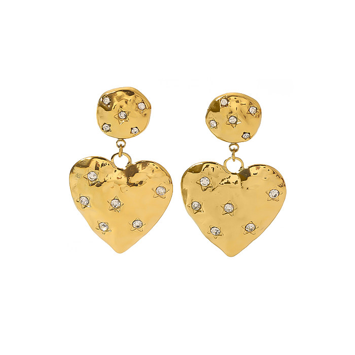 Boucles d'oreilles pendantes en forme de cœur, 1 paire, incrustation de polissage en forme de cœur, en acier inoxydable, Zircon plaqué or 18 carats