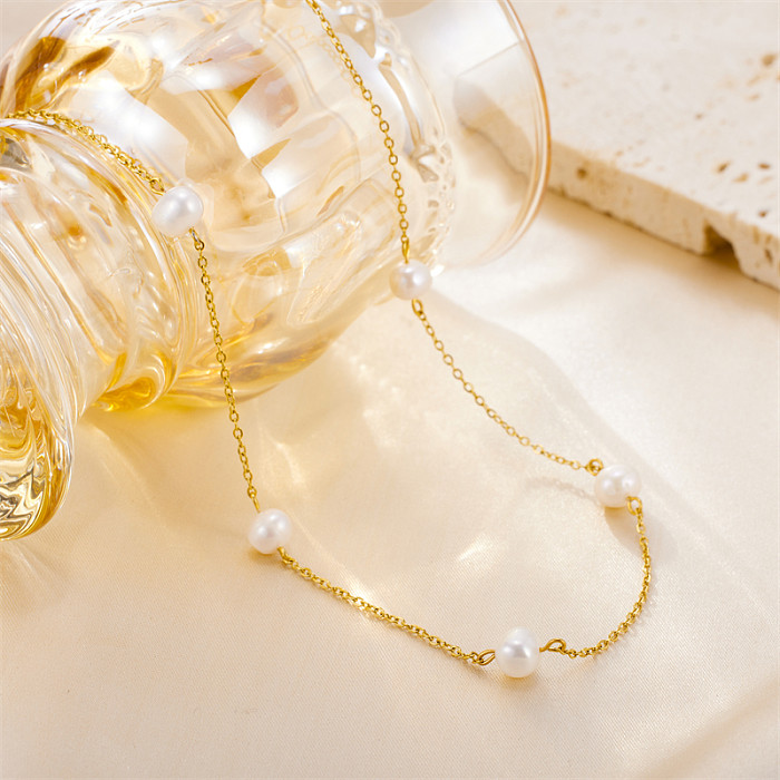 Süße, schlichte, unregelmäßige Halskette mit Süßwasserperlen aus Edelstahl und 18 Karat vergoldeter Süßwasserperle
