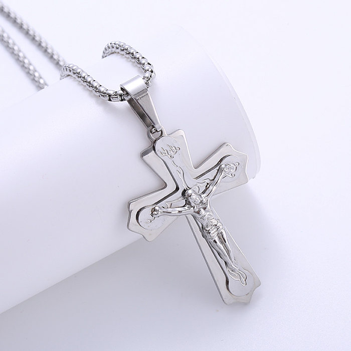 Collier pendentif rétro en acier inoxydable avec croix
