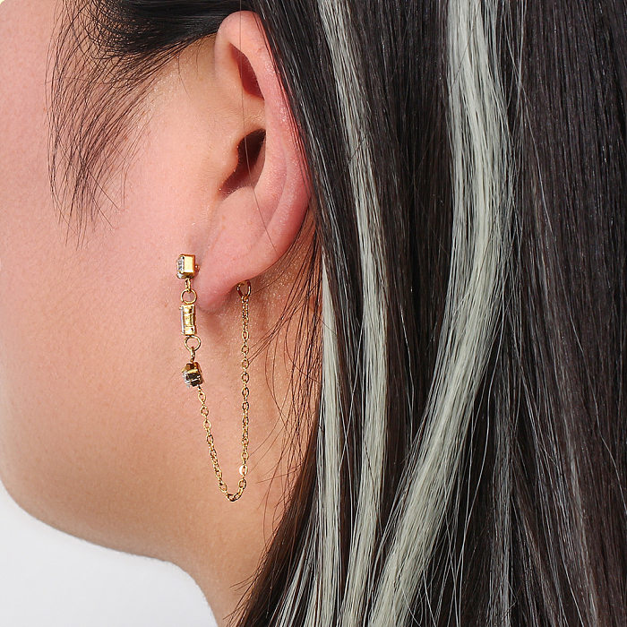 Fashion Women's Stainless Steel  Square Geometric Zircon Chain Earrings