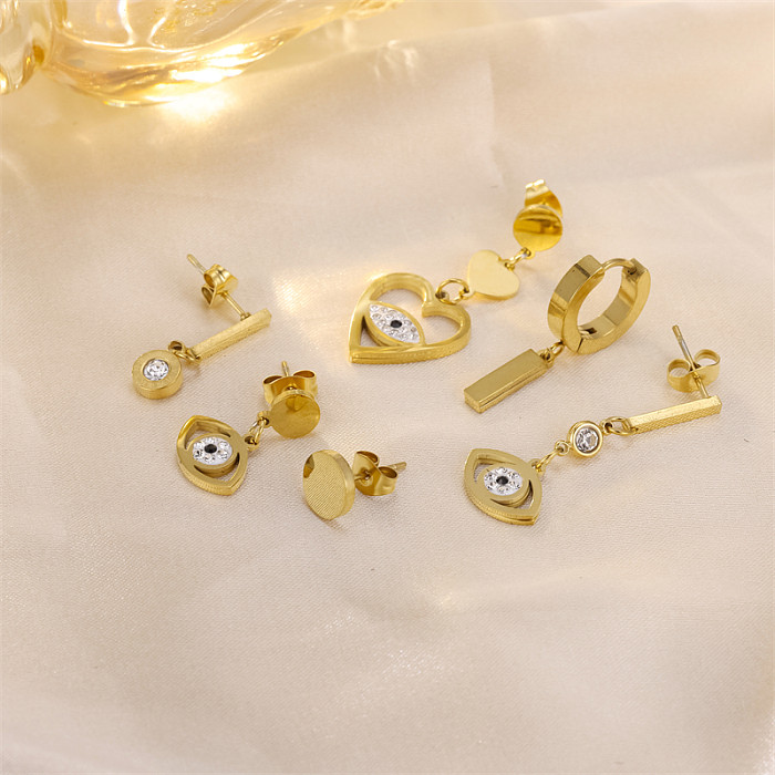 1 Set Simple Style Commute Devil'S Eye Heart Shape Plating Inlay Stainless Steel  Rhinestones 18K Gold Plated Drop Earrings