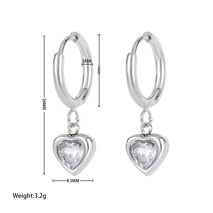 1 paire de boucles d'oreilles pendantes en forme de cœur doux, incrustation de placage en acier inoxydable, Zircon
