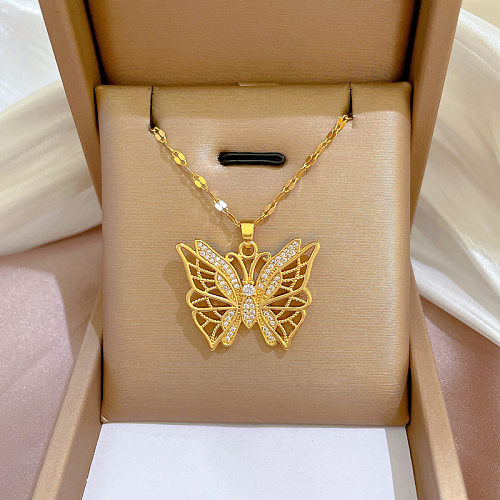 Retro Butterfly Stainless Steel Inlay Artificial Diamond Necklace