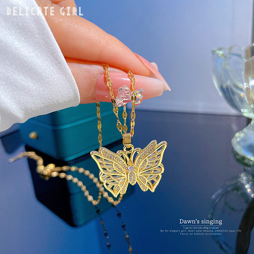 Retro Butterfly Stainless Steel Inlay Artificial Diamond Necklace